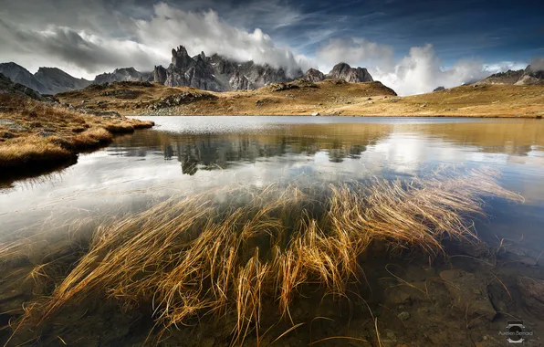 Grass, water, clouds, mountains, lake, stones, rocks, Alps