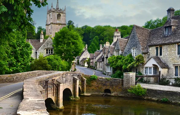 Picture the sky, clouds, trees, bridge, house, river, street, England