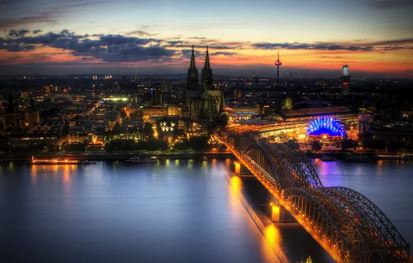 Picture night, bridge, lights, Cologne