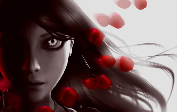 Picture girl, face, eyes, hair, petals, Alice, Alice: Madness Returns, Madness Returns