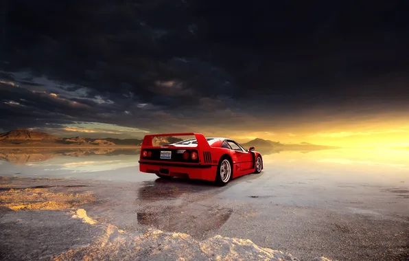 Picture Ferrari, sky, sunset, clouds, Utah, Ferrari F40, Bonneville Salt Flats, salt lake