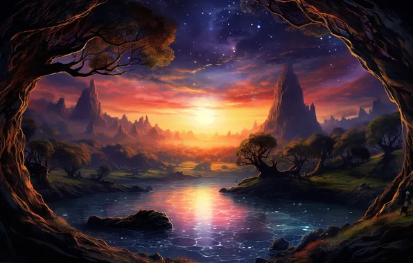 The sun, trees, sunset, mountains, fog, rocks, dal, fantasy