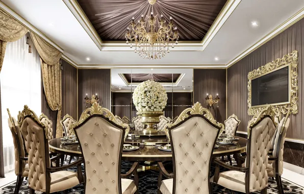 Flowers, design, table, room, chairs, interior, the ceiling, vase
