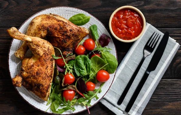 Chicken, meat, tomatoes, sauce, salad