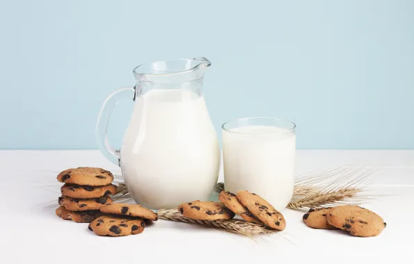 Chocolate, milk, cookies, cakes, decanter, a carafe of milk
