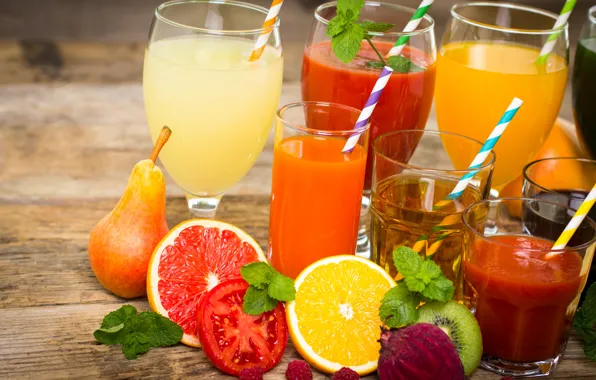 Raspberry, orange, kiwi, juice, pear, glasses, drink, fruit