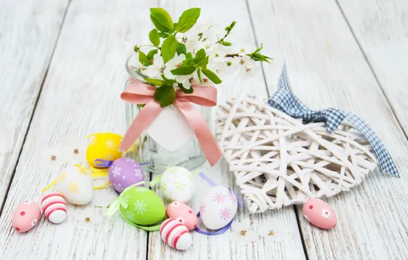 Picture flowers, eggs, spring, colorful, Easter, happy, wood, blossom