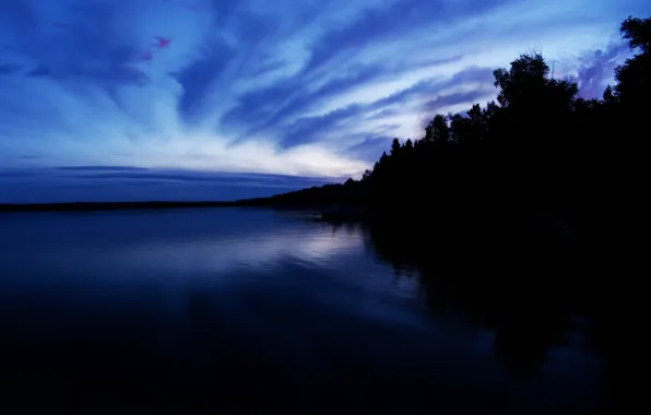 Clouds, blue, lake, The evening