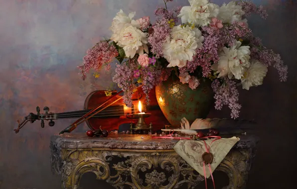 Picture flowers, branches, berries, pen, violin, candle, vase, still life