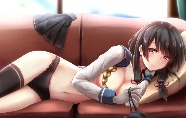 Girl, sexy, lingerie, cleavage, school uniform, panties, thighhighs, long hair