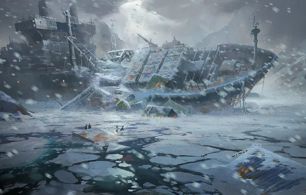 Cold, ice, sea, snow, people, ship, disaster, art