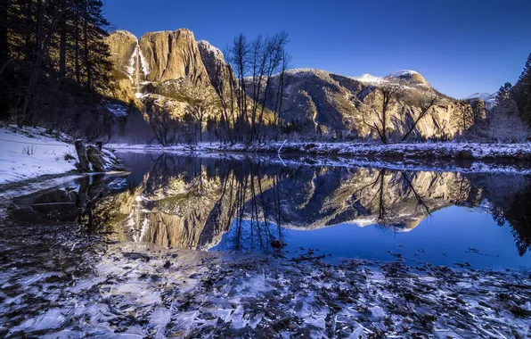 Mountains, lake, morning