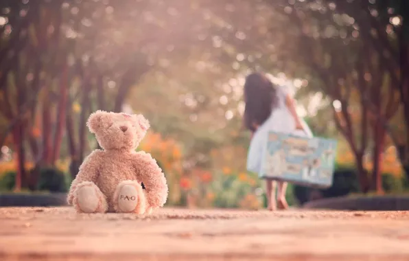 Road, toy, bear, girl, suitcase
