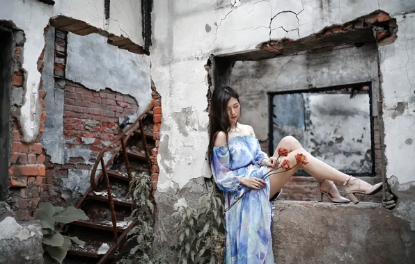 Girl, flowers, cracked, pose, wall, blue, feet, bouquet