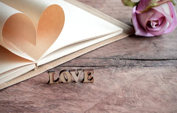 The inscription, rose, Love, notebook, heart