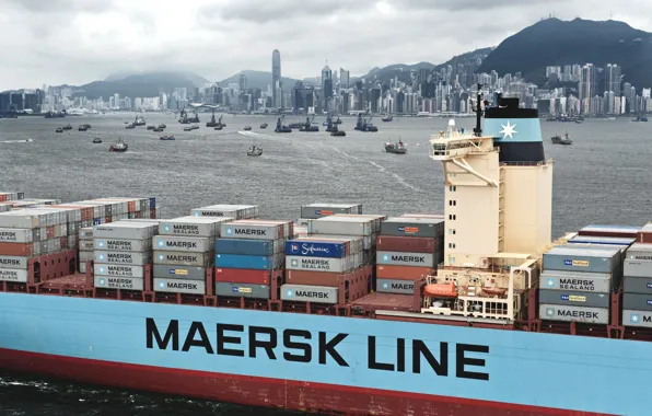 Picture Hong Kong, The city, Court, The ship, A lot, A container ship, Overcast, Maersk