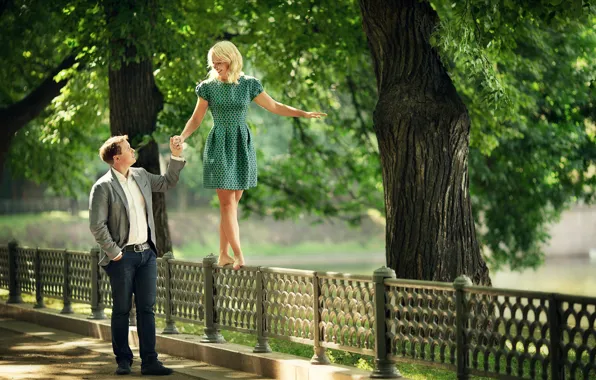 Picture summer, girl, nature, Park, people, romance, fence, pair