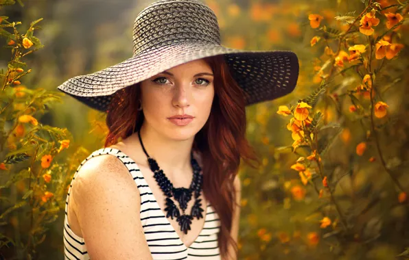 Portrait, hat, freckles, bokeh, Morgan