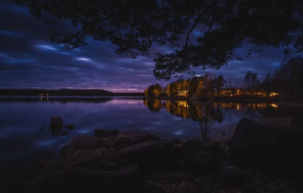 Forest, night, lights, lake, boat, home