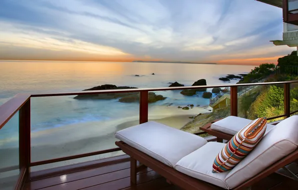 Sea, stay, coast, view, beauty, pillow, balcony, veranda