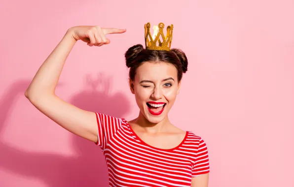 Smile, positive, crown, gesture, pink background, super, beautiful girl, smile