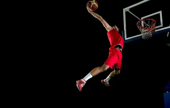 Mesh, jump, basket, shorts, the ball, t-shirt, red, athlete