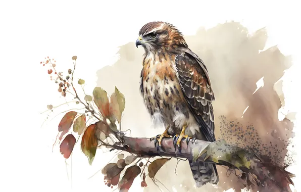 Autumn, look, leaves, tree, bird, branch, watercolor, white background
