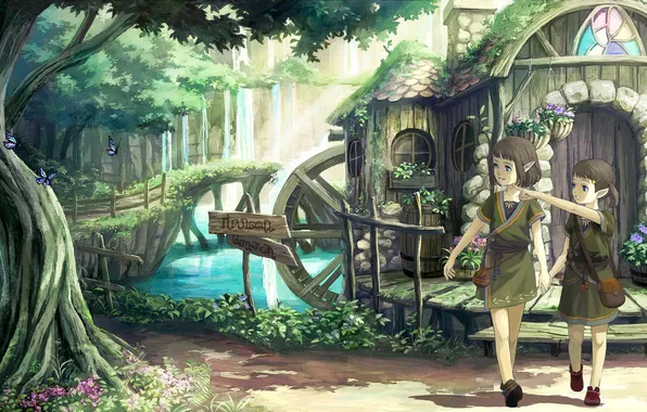 Mood, butterfly, girls, anime, walk