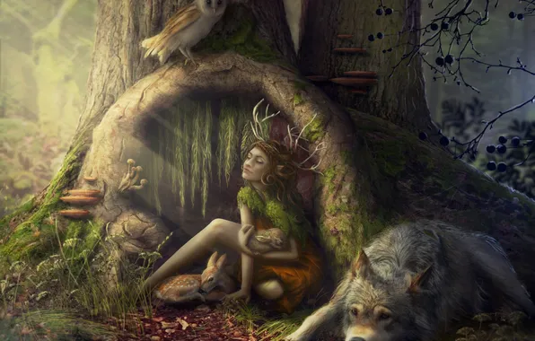 Picture forest, animals, girl, animals, owl, wolf, fawn