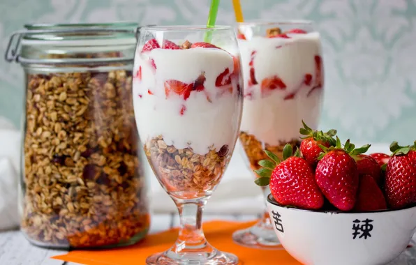 Strawberry, cereal, muesli, yogurt