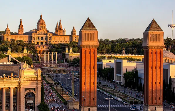 Picture the city, people, panorama, tower, Spain, Palace, Barcelona