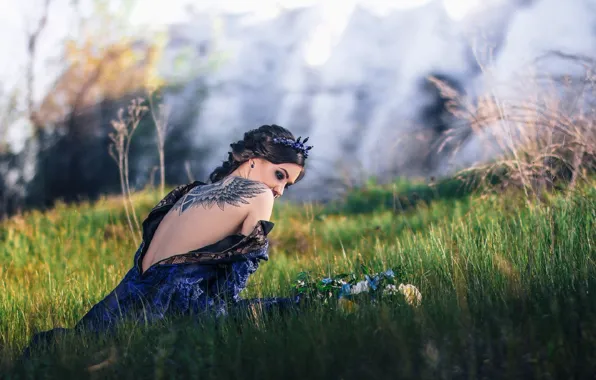 GRASS, WINGS, DRESS, BRUNETTE, TATTOO, WREATH