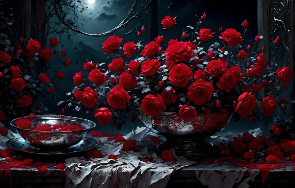 Trees, flowers, night, branches, the dark background, table, the moon, figure