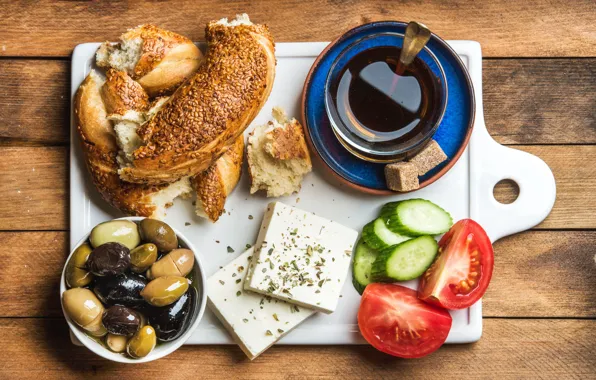 Coffee, Breakfast, cheese, cucumber, tomato, olives, roll