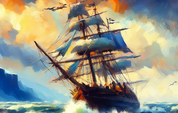 Sea, wave, the sky, clouds, sunset, rocks, the wind, paint