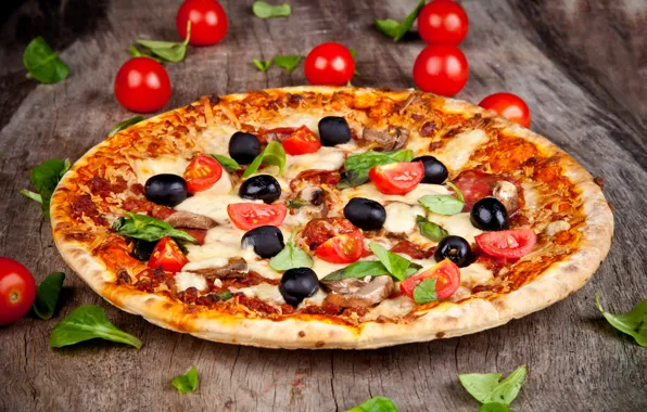 Picture mushrooms, food, cheese, leaves, pizza, tomatoes, dish, olives