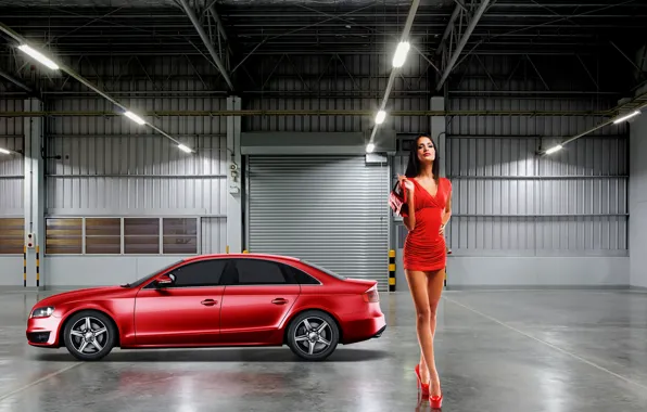 Car, woman, sedan, garage, high heels, red dress, red car, parking car