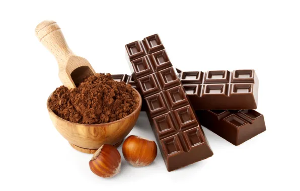 Chocolate, Cup, white background, nuts, hazelnuts, cocoa, bar, powder