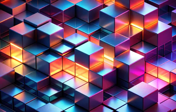 Space, abstraction, cubes, glow, geometric shapes