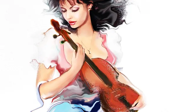 Picture look, girl, music, violin, hair, artist, white background, curls