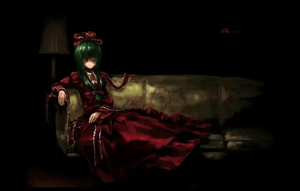 Picture loneliness, witch, game, green hair, touhou, longing, Kagiyama Hina, in the dark