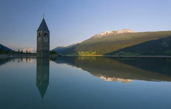 Mountains, lake, tower, Italy, Trentino-Alto Adige / Südtirol