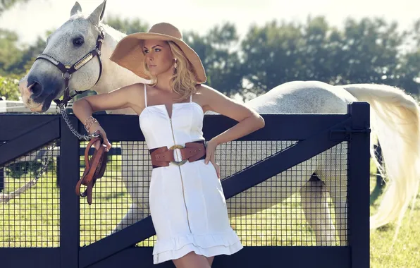 Picture girl, white, model, horse, hat, dress, blonde, belt