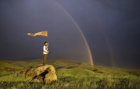 Stones, hills, rainbow, male, banner