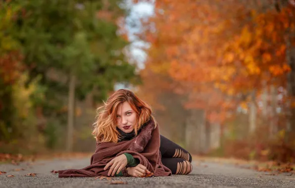 Picture road, autumn, look, girl, brown hair, bokeh