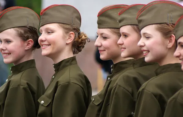 Girls, parade, beautiful, military, caps