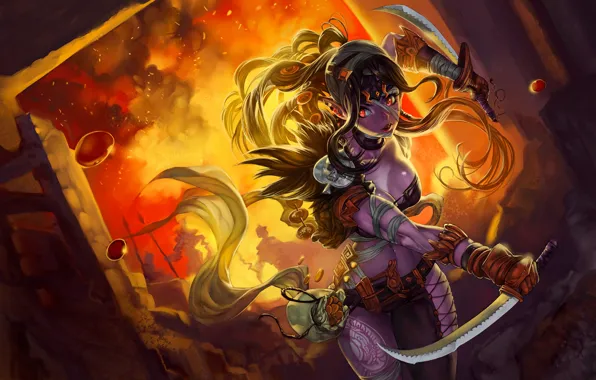 Picture girl, hair, art, dual sword