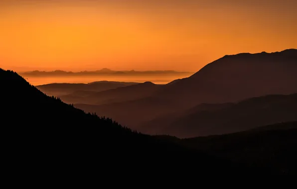 Picture mountains, dawn, silhouette, glow