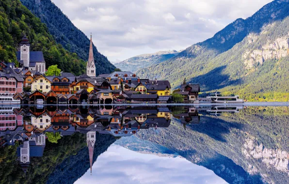 Picture clouds, mountains, lake, reflection, home, Austria, Alps, forest