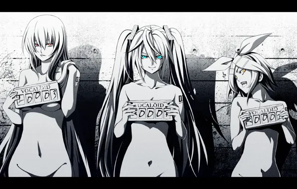 Vocaloid, hatsune miku, megurine luka, kagamine rin, monochrome, ism